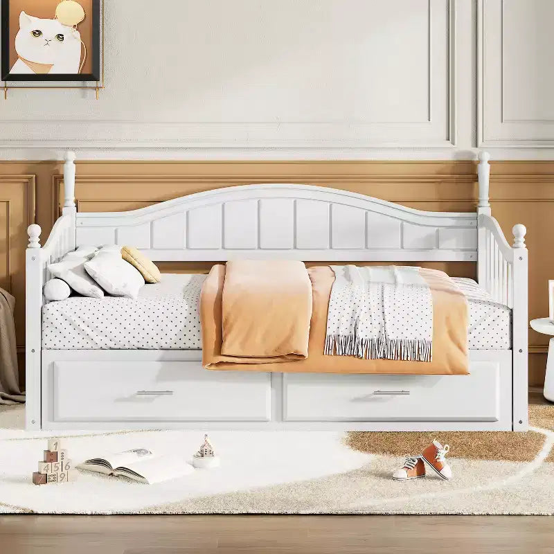 Lit de repos en bois avec lit gigogne et 2 tiroirs de rangement, lit de repos extensible de taille simple à King, cadre de canapé-lit élégant pour salon et chambre à coucher