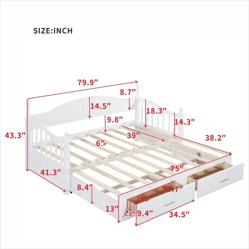 Lit de repos en bois avec lit gigogne et 2 tiroirs de rangement, lit de repos extensible de taille simple à King, cadre de canapé-lit élégant pour salon et chambre à coucher