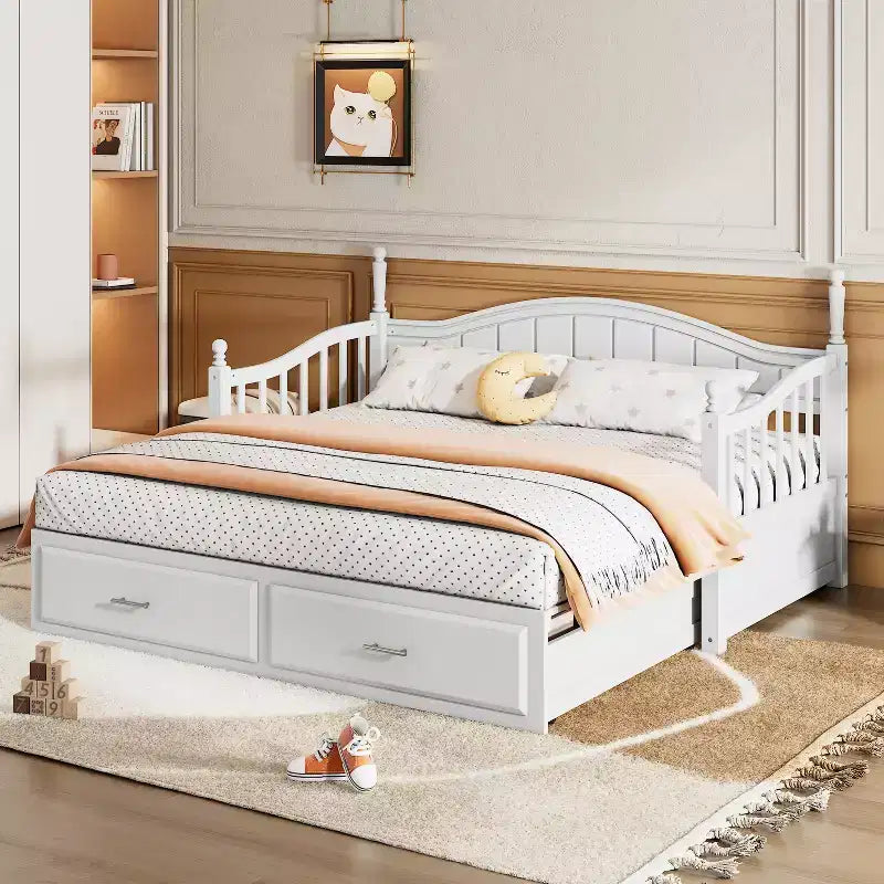 Lit de repos en bois avec lit gigogne et 2 tiroirs de rangement, lit de repos extensible de taille simple à King, cadre de canapé-lit élégant pour salon et chambre à coucher