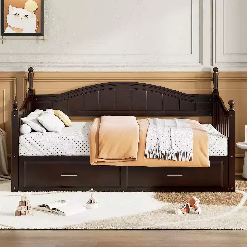 Lit de repos en bois avec lit gigogne et 2 tiroirs de rangement, lit de repos extensible de taille simple à King, cadre de canapé-lit élégant pour salon et chambre à coucher
