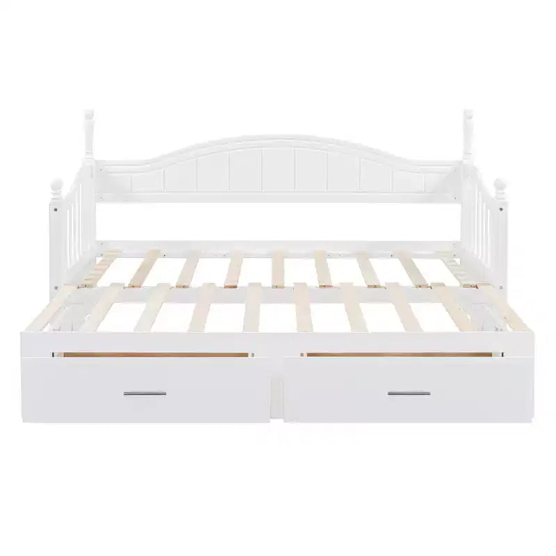 Lit de repos en bois avec lit gigogne et 2 tiroirs de rangement, lit de repos extensible de taille simple à King, cadre de canapé-lit élégant pour salon et chambre à coucher