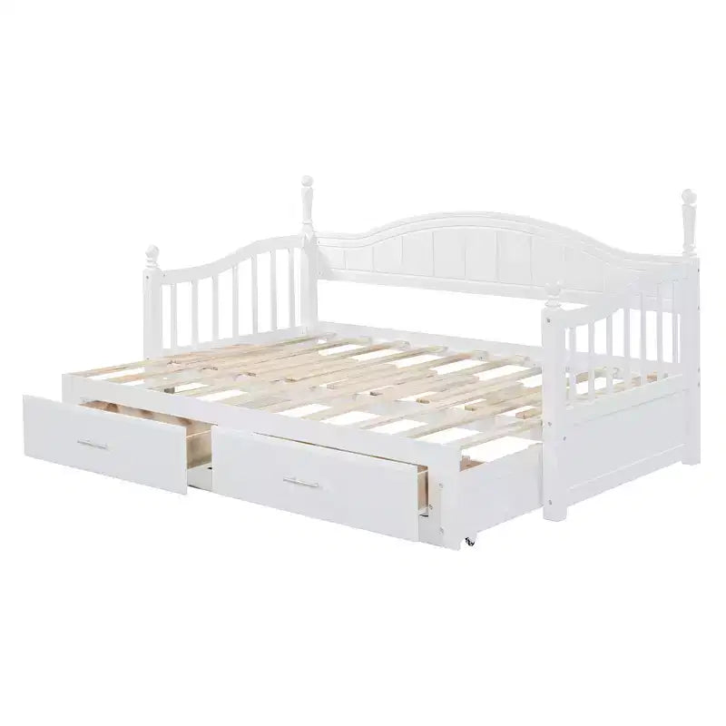 Lit de repos en bois avec lit gigogne et 2 tiroirs de rangement, lit de repos extensible de taille simple à King, cadre de canapé-lit élégant pour salon et chambre à coucher
