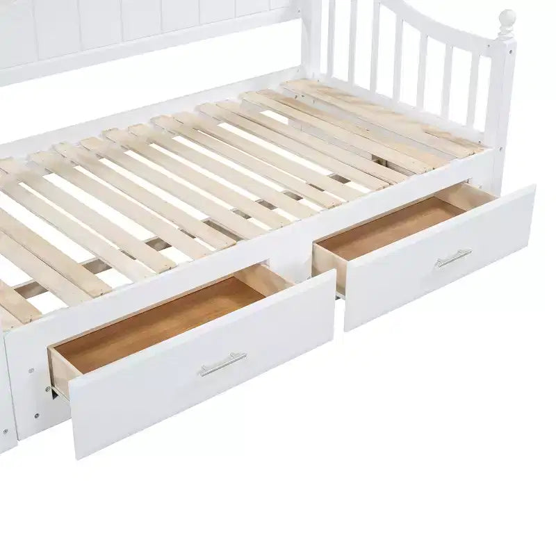 Lit de repos en bois avec lit gigogne et 2 tiroirs de rangement, lit de repos extensible de taille simple à King, cadre de canapé-lit élégant pour salon et chambre à coucher