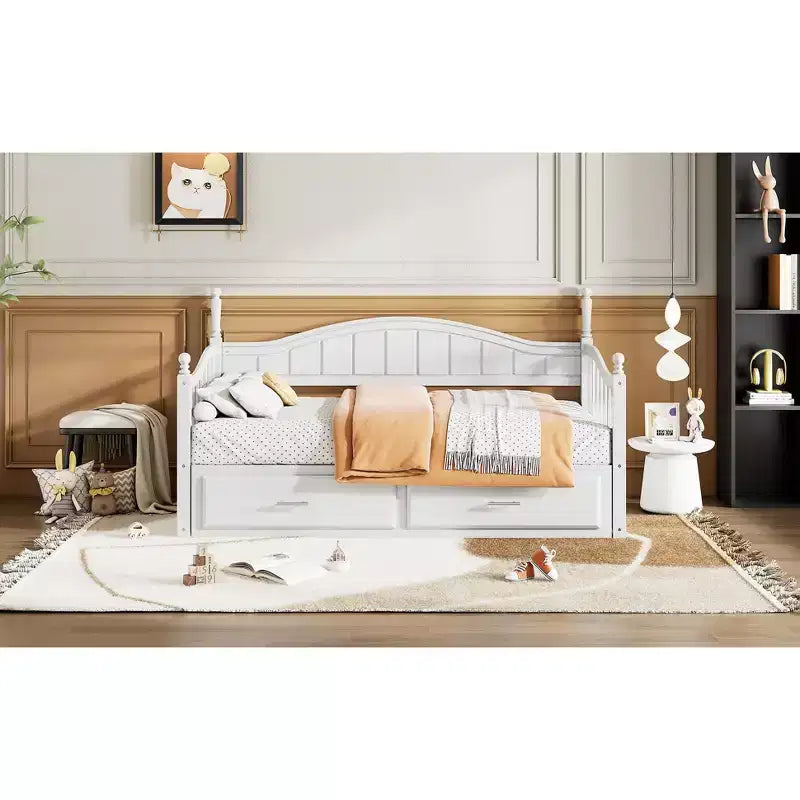 Lit de repos en bois avec lit gigogne et 2 tiroirs de rangement, lit de repos extensible de taille simple à King, cadre de canapé-lit élégant pour salon et chambre à coucher