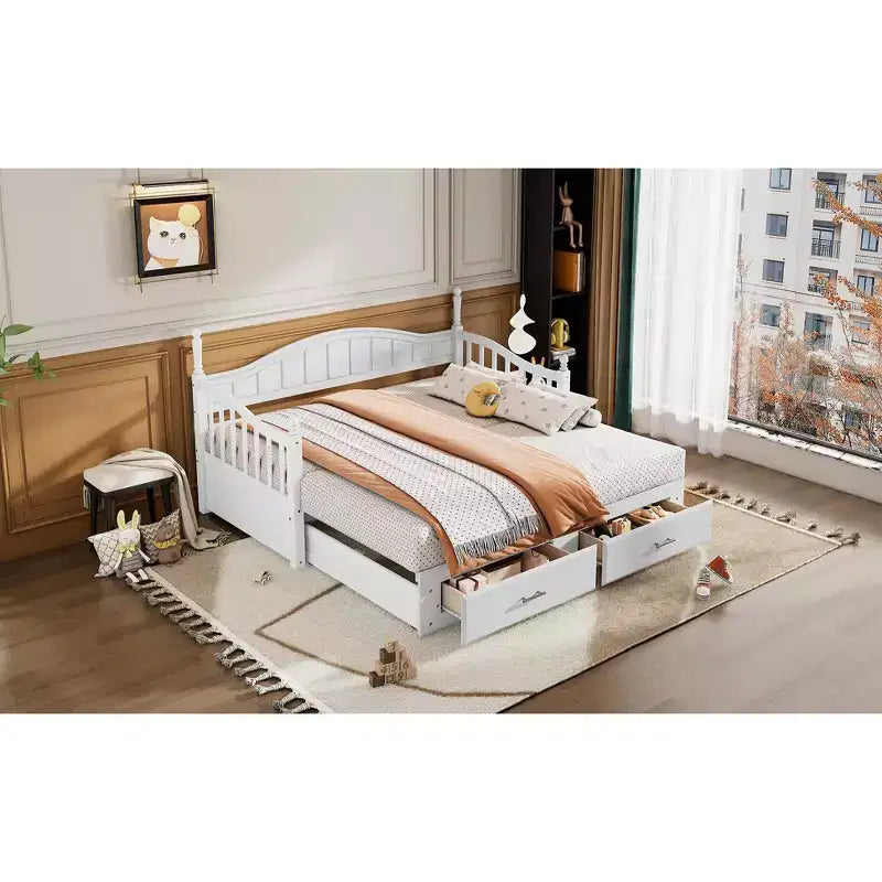Lit de repos en bois avec lit gigogne et 2 tiroirs de rangement, lit de repos extensible de taille simple à King, cadre de canapé-lit élégant pour salon et chambre à coucher
