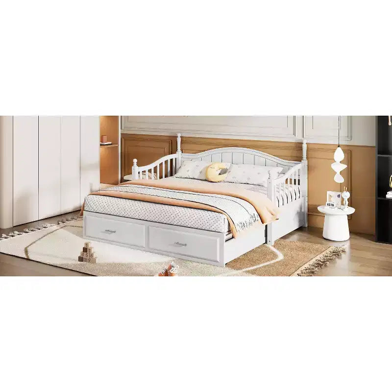 Lit de repos en bois avec lit gigogne et 2 tiroirs de rangement, lit de repos extensible de taille simple à King, cadre de canapé-lit élégant pour salon et chambre à coucher