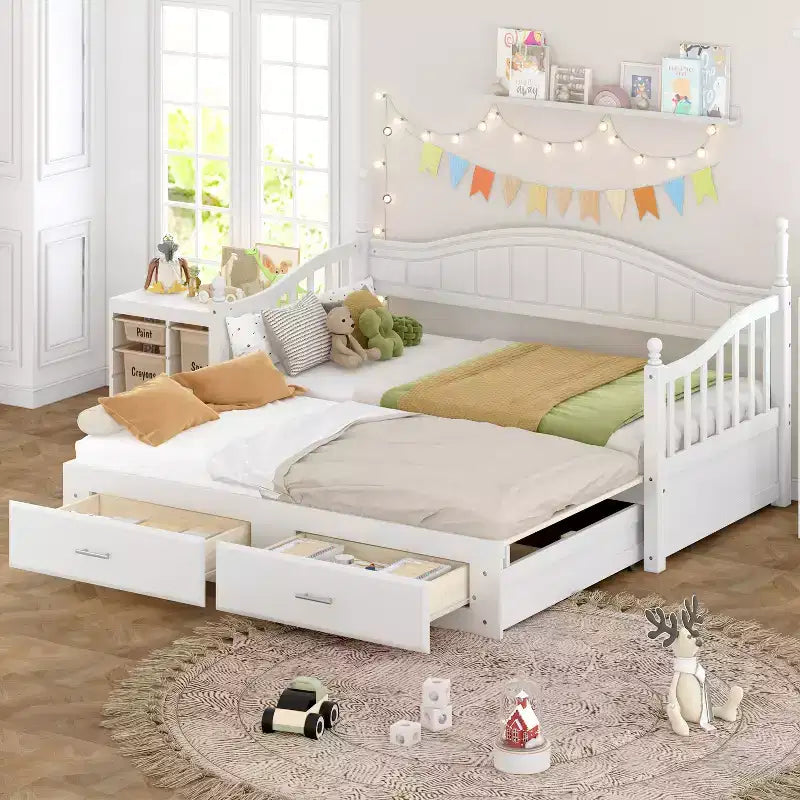 Lit de repos en bois avec lit gigogne et 2 tiroirs de rangement, lit de repos extensible de taille simple à King, cadre de canapé-lit élégant pour salon et chambre à coucher