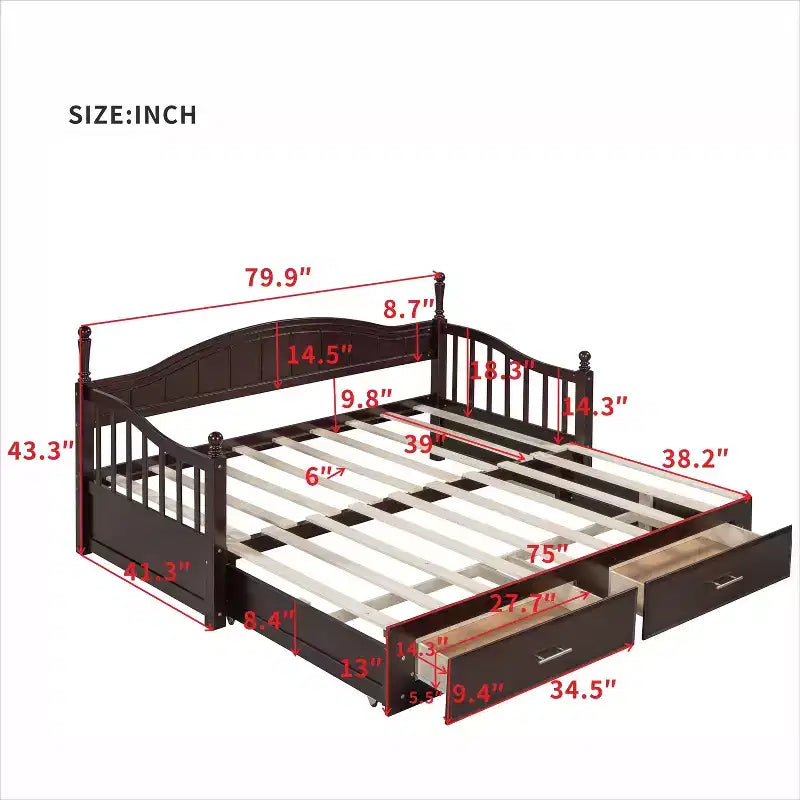 Lit de repos en bois avec lit gigogne et 2 tiroirs de rangement, lit de repos extensible de taille simple à King, cadre de canapé-lit élégant pour salon et chambre à coucher