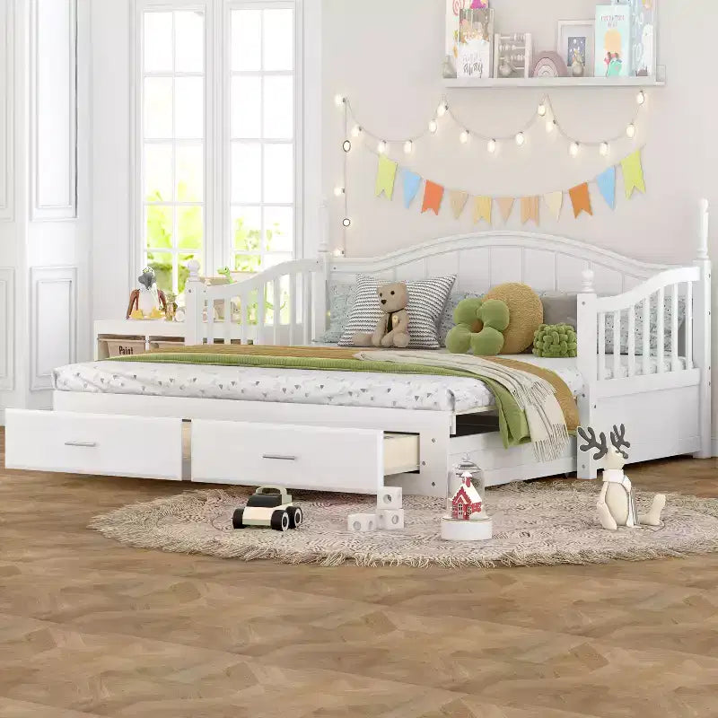 Lit de repos en bois avec lit gigogne et 2 tiroirs de rangement, lit de repos extensible de taille simple à King, cadre de canapé-lit élégant pour salon et chambre à coucher