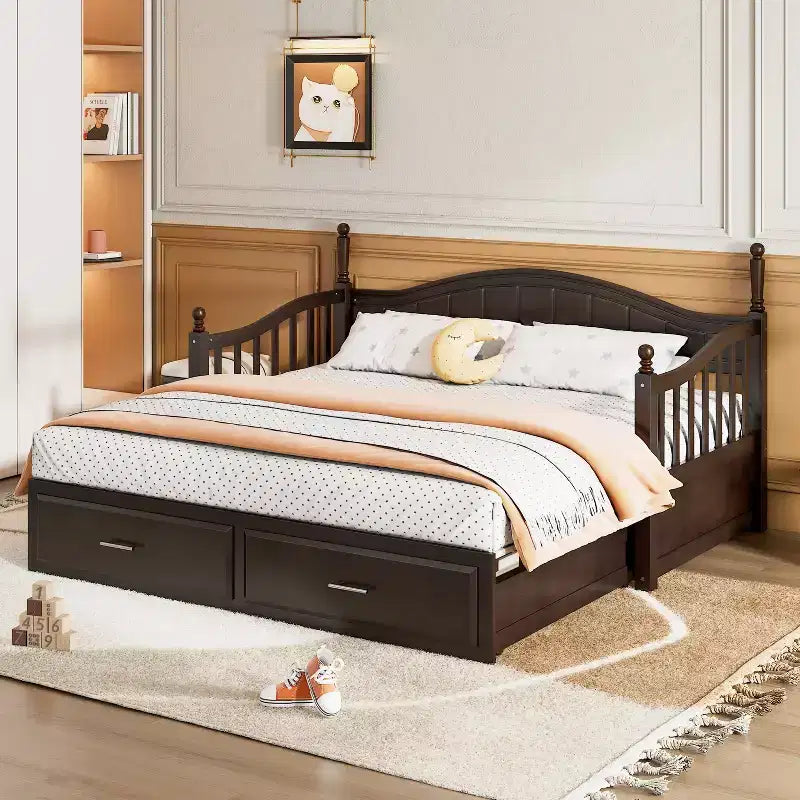 Lit de repos en bois avec lit gigogne et 2 tiroirs de rangement, lit de repos extensible de taille simple à King, cadre de canapé-lit élégant pour salon et chambre à coucher
