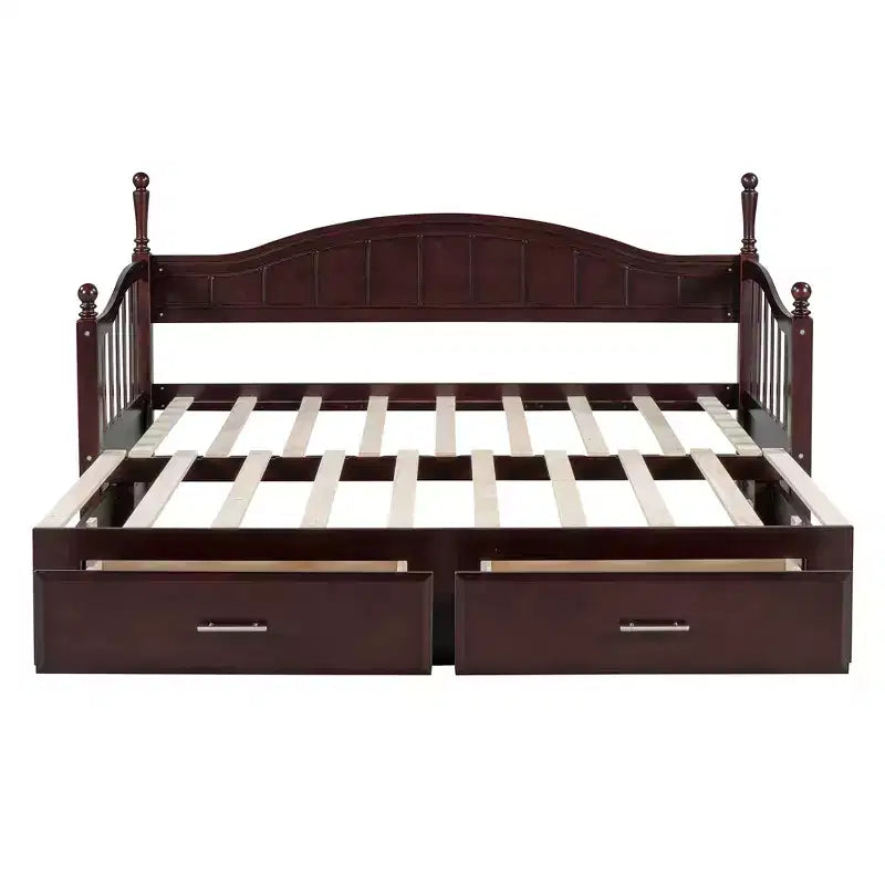 Lit de repos en bois avec lit gigogne et 2 tiroirs de rangement, lit de repos extensible de taille simple à King, cadre de canapé-lit élégant pour salon et chambre à coucher