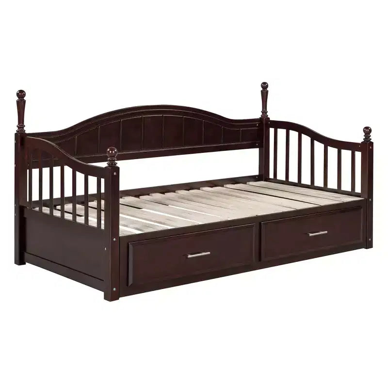 Lit de repos en bois avec lit gigogne et 2 tiroirs de rangement, lit de repos extensible de taille simple à King, cadre de canapé-lit élégant pour salon et chambre à coucher