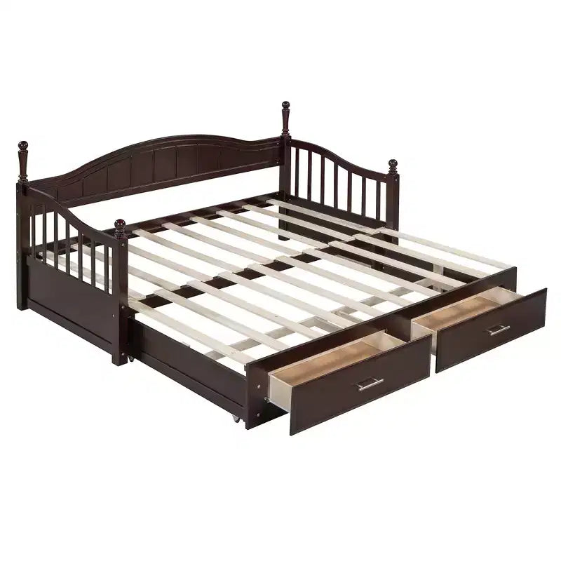 Lit de repos en bois avec lit gigogne et 2 tiroirs de rangement, lit de repos extensible de taille simple à King, cadre de canapé-lit élégant pour salon et chambre à coucher