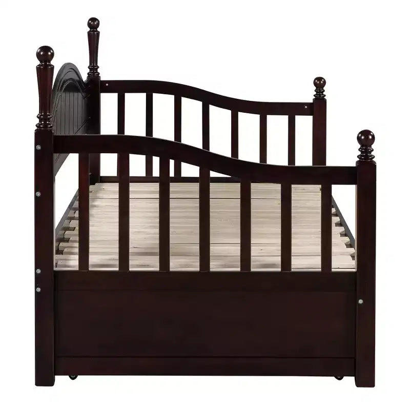 Lit de repos en bois avec lit gigogne et 2 tiroirs de rangement, lit de repos extensible de taille simple à King, cadre de canapé-lit élégant pour salon et chambre à coucher