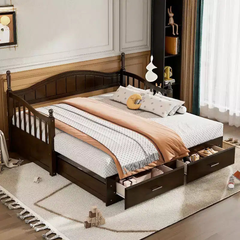 Wooden Daybed with Trundle and 2 Storage Drawers, Extendable Twin to King Size Daybed, Elegant Sofa Bed Frame for Living Room Bedroom
