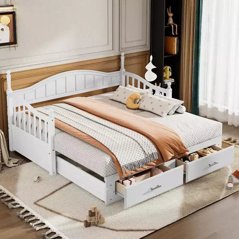 Lit de repos en bois avec lit gigogne et 2 tiroirs de rangement, lit de repos extensible de taille simple à King, cadre de canapé-lit élégant pour salon et chambre à coucher