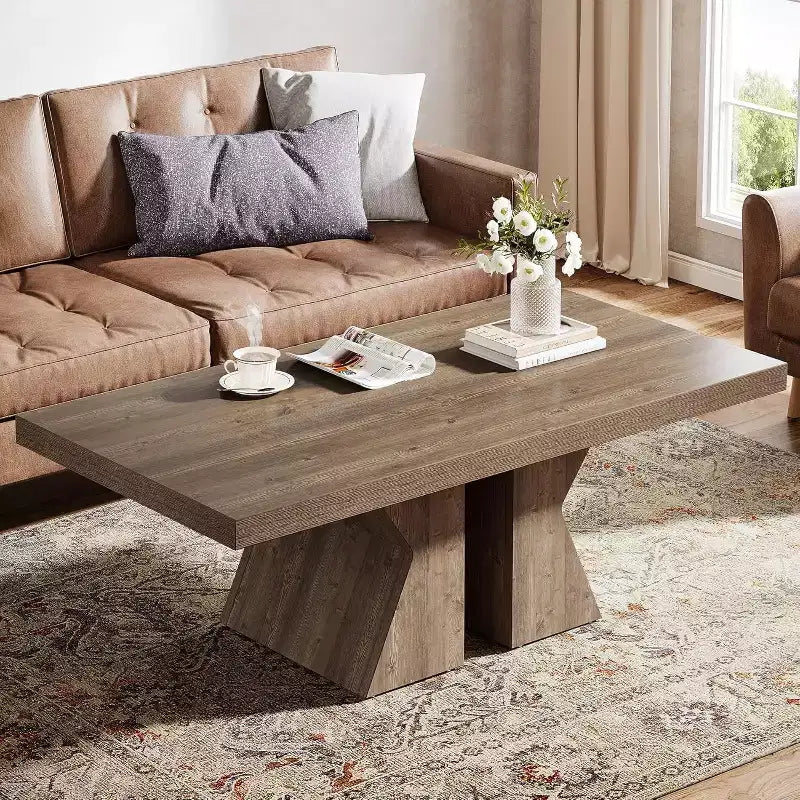 Lantine Wood Coffee Table, 47-Inch Rectangular Center Table with Thick Wooden Base, Farmhouse Wood-Look Cocktail Table for Living Room (Brown)