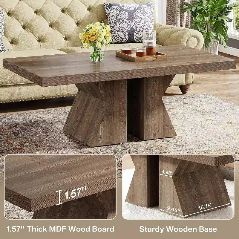 Table basse en bois, table centrale rectangulaire de 119 cm avec base en bois épais, table basse style ferme pour salon (marron)
