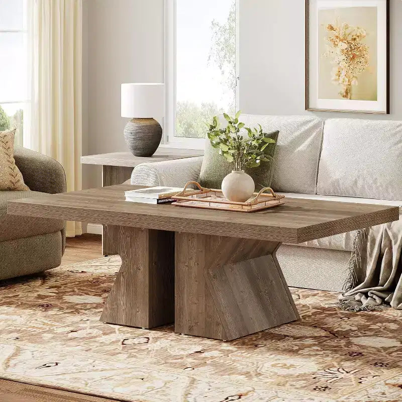 Table basse en bois, table centrale rectangulaire de 119 cm avec base en bois épais, table basse style ferme pour salon (marron)