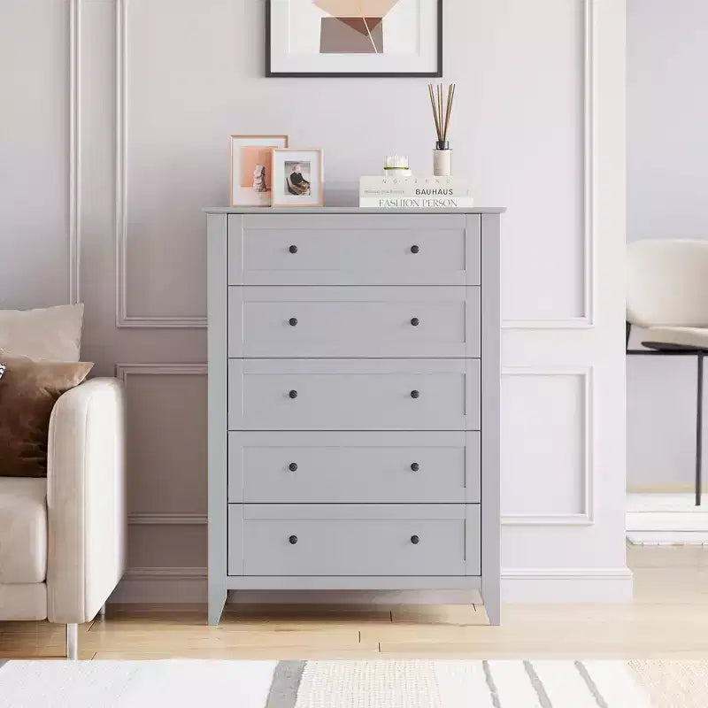 5 Drawers Dresser 2pcs Wood Chest of Drawers, Storage Dressers Organizer with Gold Handles, Deep Drawers, Living Room, Closet, Hallway, Grey