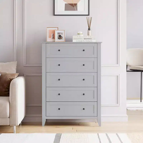 5 Drawers Dresser 2pcs Wood Chest of Drawers, Storage Dressers Organizer with Gold Handles, Deep Drawers, Living Room, Closet, Hallway, Grey