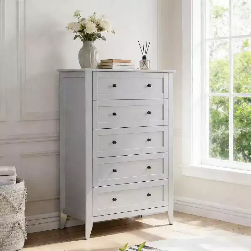 Commode à 5 tiroirs, lot de 2, en bois, avec poignées dorées, tiroirs profonds, organisateur de rangement pour salon, placard, couloir, gris