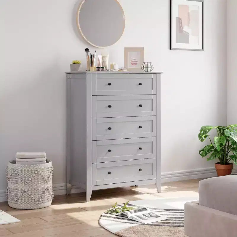 Commode à 5 tiroirs, lot de 2, en bois, avec poignées dorées, tiroirs profonds, organisateur de rangement pour salon, placard, couloir, gris