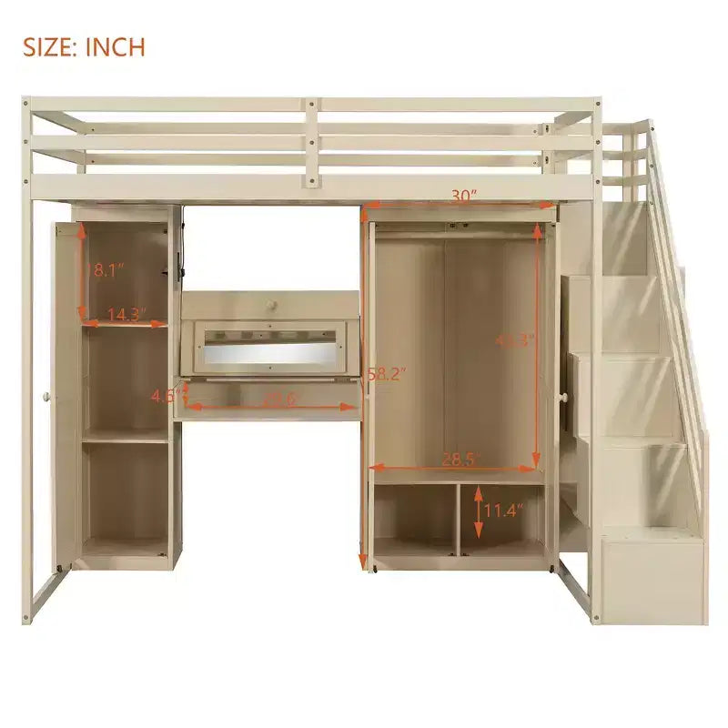 Lit mezzanine double avec escalier de rangement, coiffeuse intégrée avec miroir et tiroir, armoire