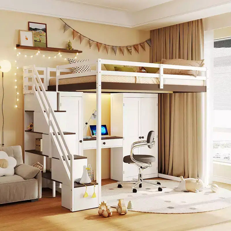 Lit mezzanine double avec escalier de rangement, coiffeuse intégrée avec miroir et tiroir, armoire