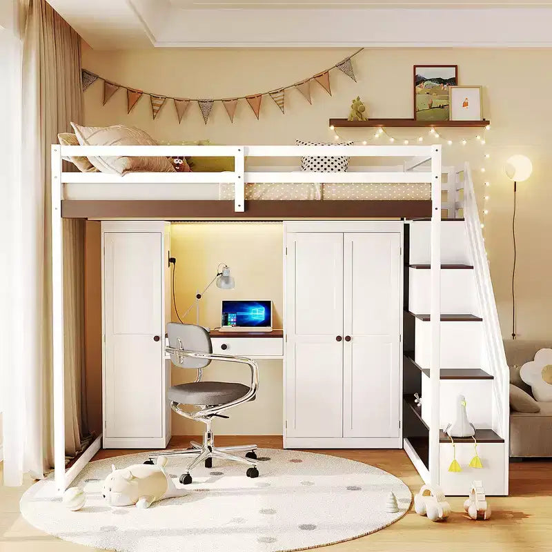 Lit mezzanine double avec escalier de rangement, coiffeuse intégrée avec miroir et tiroir, armoire