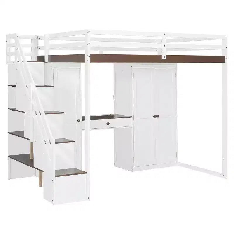 Lit mezzanine double avec escalier de rangement, coiffeuse intégrée avec miroir et tiroir, armoire