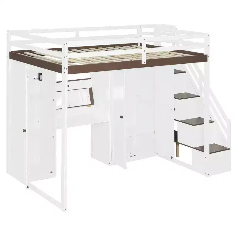 Lit mezzanine double avec escalier de rangement, coiffeuse intégrée avec miroir et tiroir, armoire