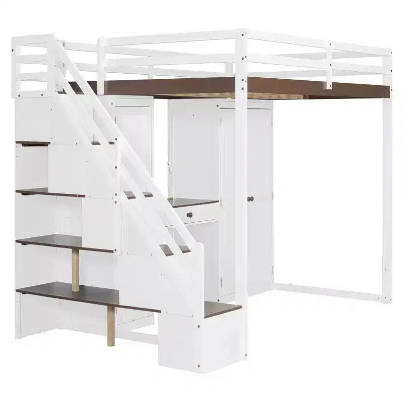 Lit mezzanine double avec escalier de rangement, coiffeuse intégrée avec miroir et tiroir, armoire