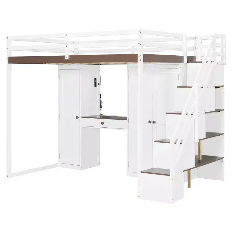 Lit mezzanine double avec escalier de rangement, coiffeuse intégrée avec miroir et tiroir, armoire