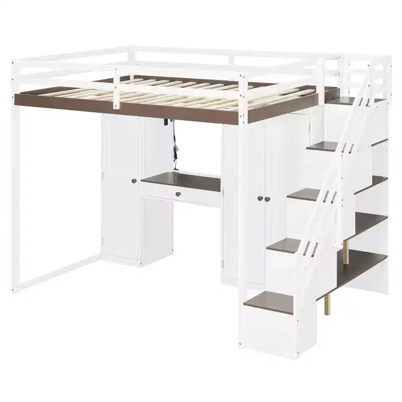 Lit mezzanine double avec escalier de rangement, coiffeuse intégrée avec miroir et tiroir, armoire