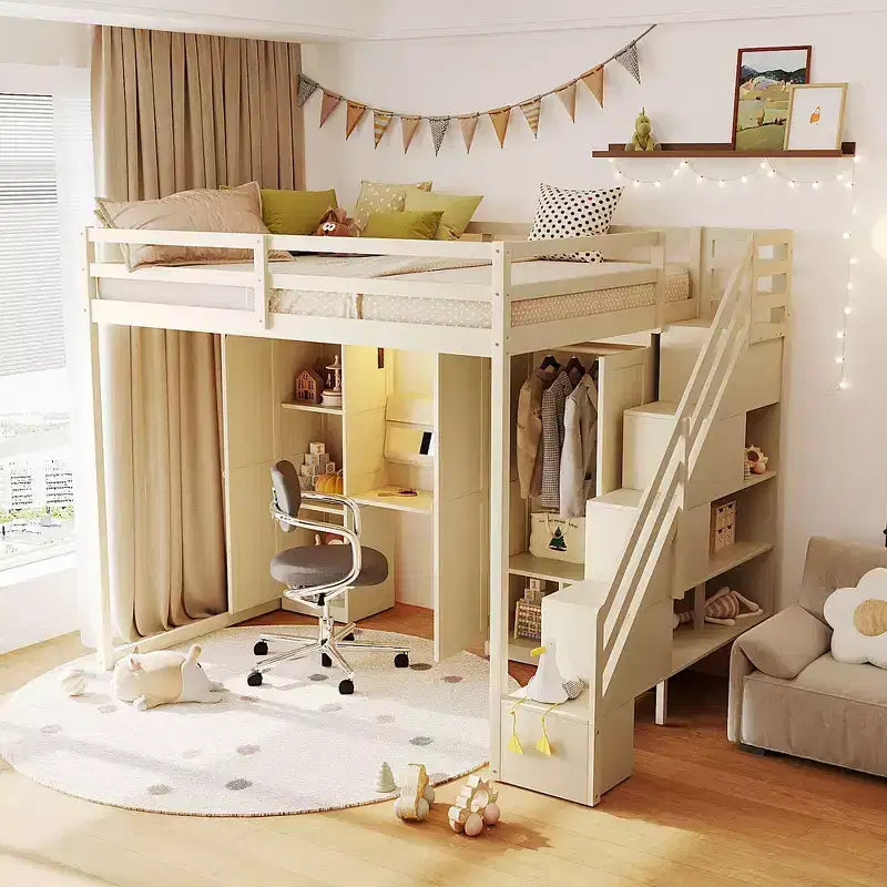 Lit mezzanine double avec escalier de rangement, coiffeuse intégrée avec miroir et tiroir, armoire