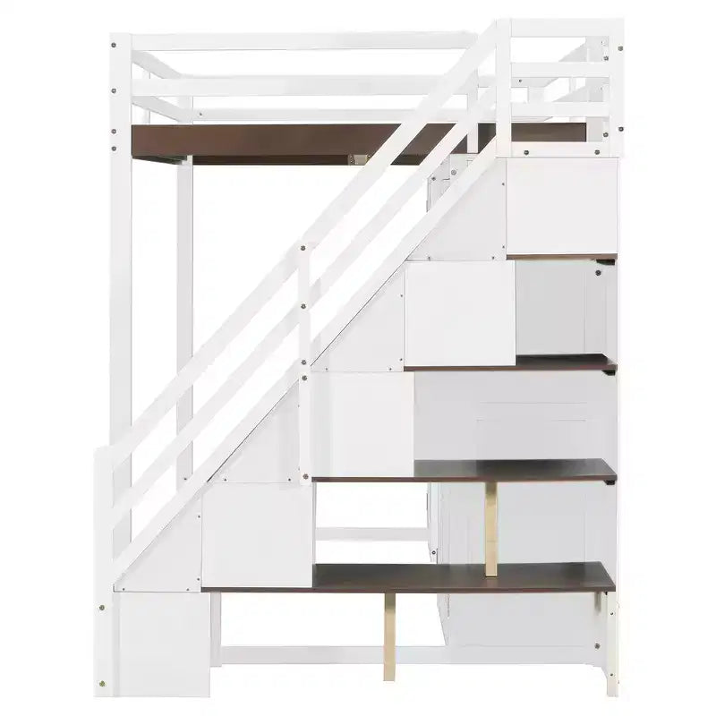 Lit mezzanine double avec escalier de rangement, coiffeuse intégrée avec miroir et tiroir, armoire