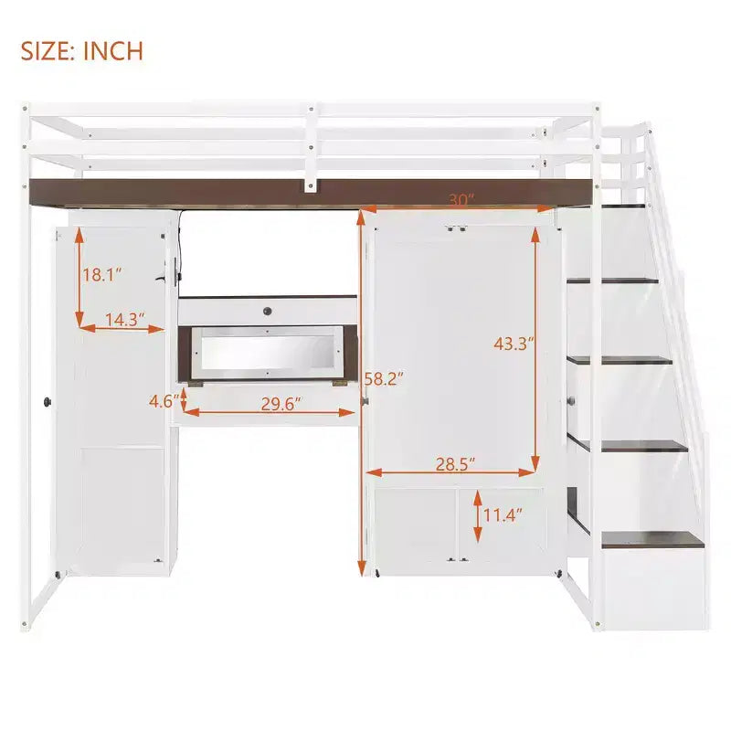 Lit mezzanine double avec escalier de rangement, coiffeuse intégrée avec miroir et tiroir, armoire