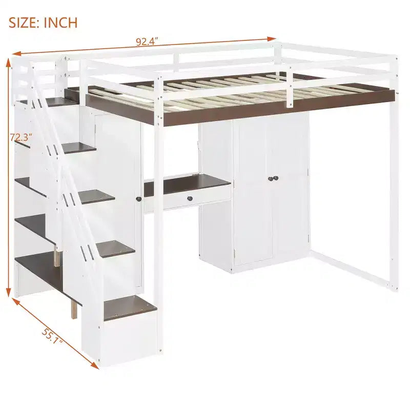 Lit mezzanine double avec escalier de rangement, coiffeuse intégrée avec miroir et tiroir, armoire