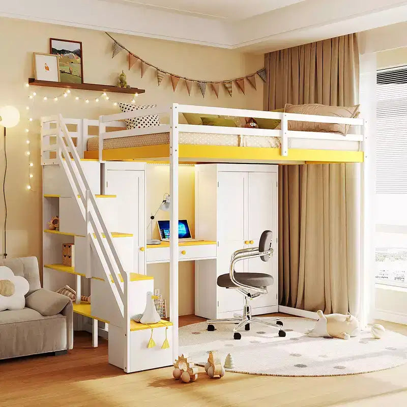 Lit mezzanine double avec escalier de rangement, coiffeuse intégrée avec miroir et tiroir, armoire