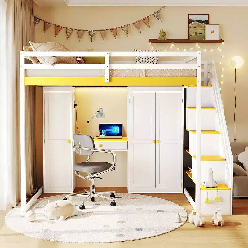 Lit mezzanine double avec escalier de rangement, coiffeuse intégrée avec miroir et tiroir, armoire