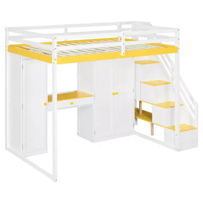 Lit mezzanine double avec escalier de rangement, coiffeuse intégrée avec miroir et tiroir, armoire