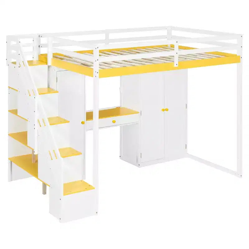 Lit mezzanine double avec escalier de rangement, coiffeuse intégrée avec miroir et tiroir, armoire