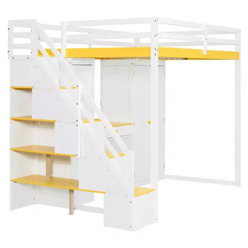 Lit mezzanine double avec escalier de rangement, coiffeuse intégrée avec miroir et tiroir, armoire