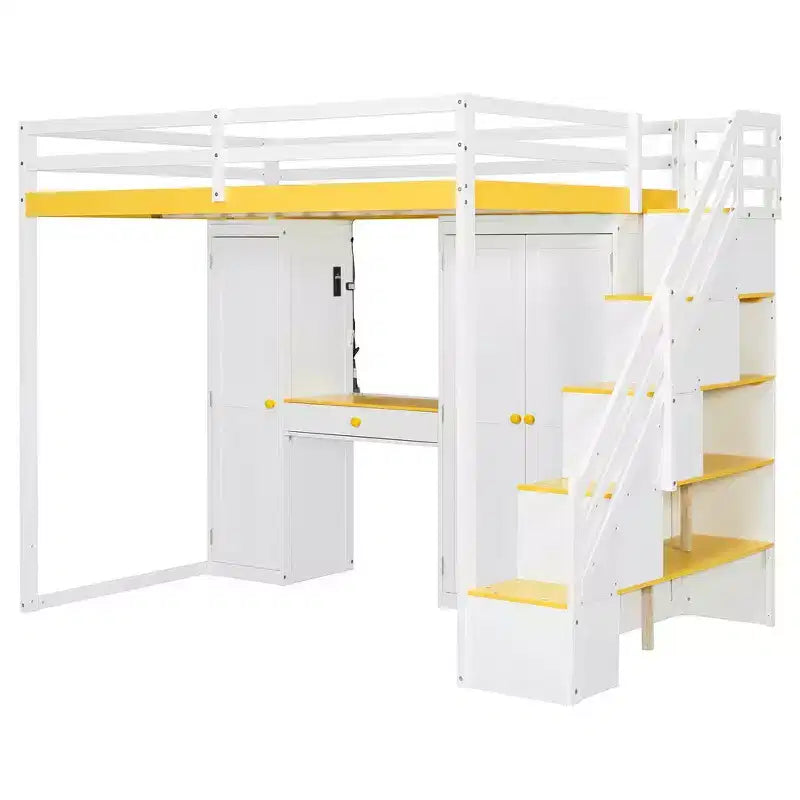 Lit mezzanine double avec escalier de rangement, coiffeuse intégrée avec miroir et tiroir, armoire