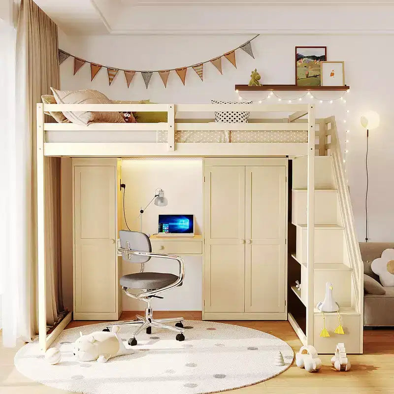 Lit mezzanine double avec escalier de rangement, coiffeuse intégrée avec miroir et tiroir, armoire