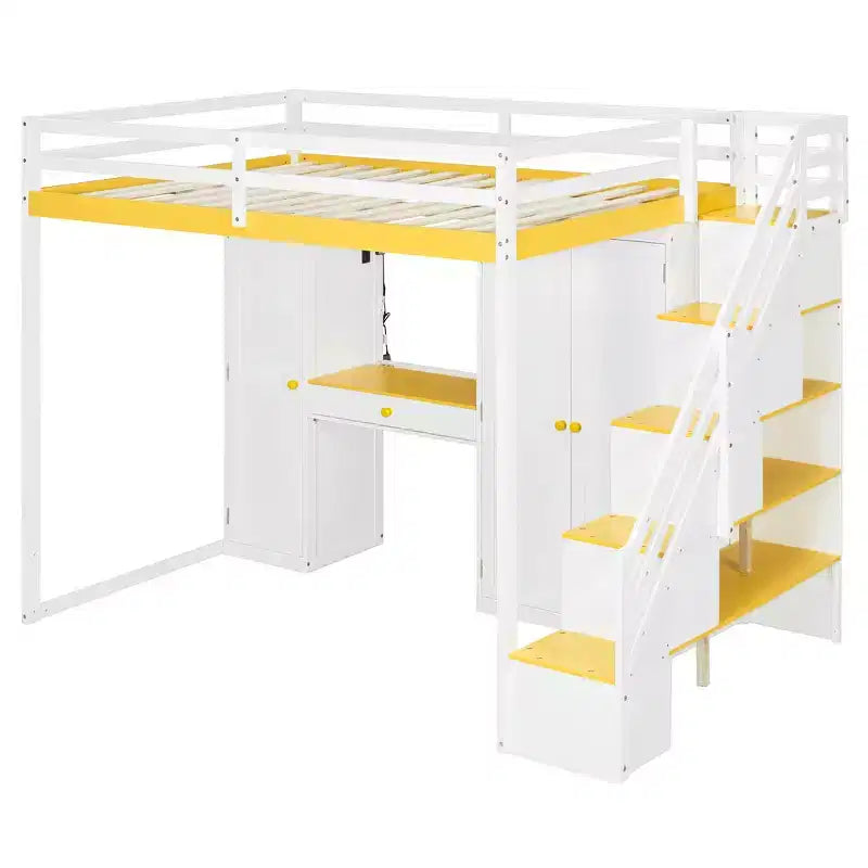 Lit mezzanine double avec escalier de rangement, coiffeuse intégrée avec miroir et tiroir, armoire