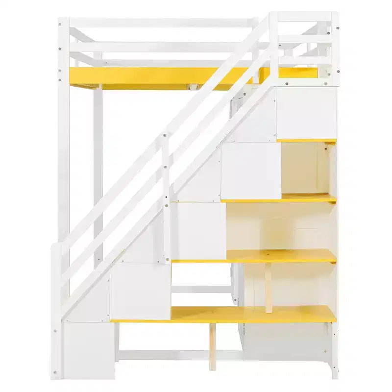 Lit mezzanine double avec escalier de rangement, coiffeuse intégrée avec miroir et tiroir, armoire