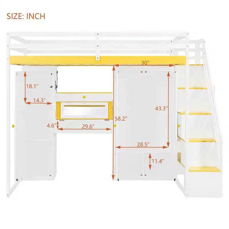 Lit mezzanine double avec escalier de rangement, coiffeuse intégrée avec miroir et tiroir, armoire