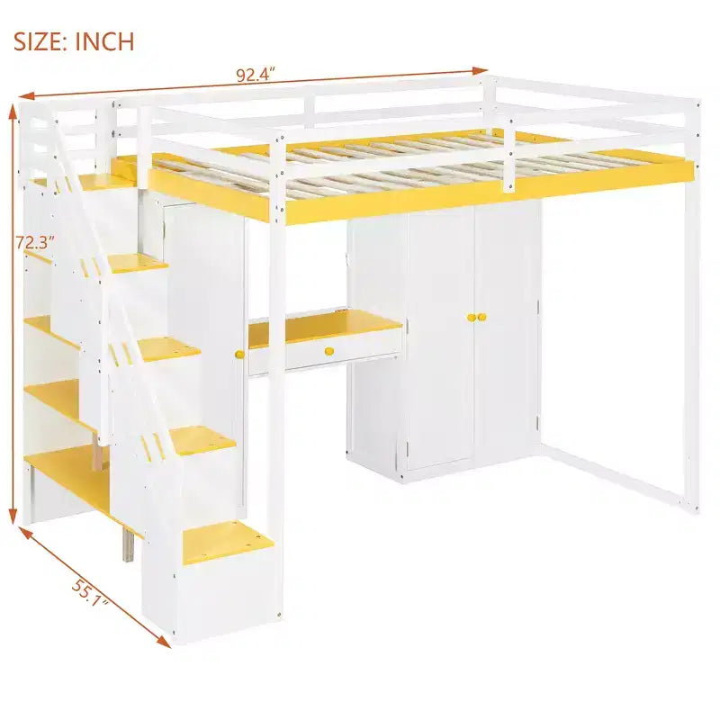 Lit mezzanine double avec escalier de rangement, coiffeuse intégrée avec miroir et tiroir, armoire